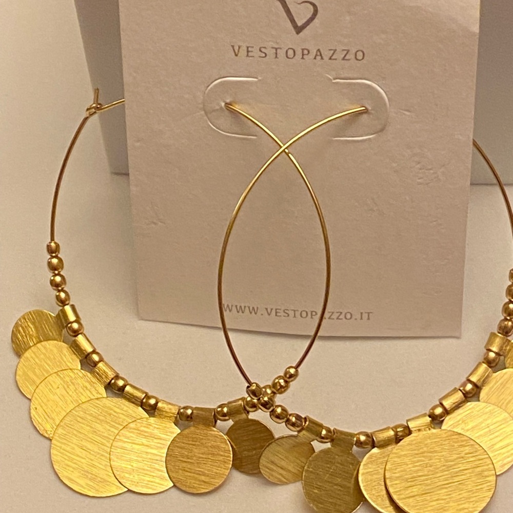 Gold Tone Disc Fringe Hoop Earrings - Picture 4 of 5